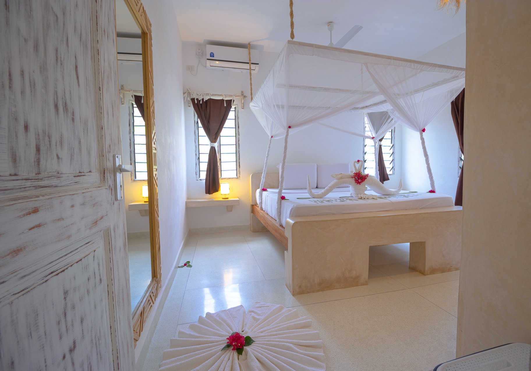 Tranquil bedroom with carved details and natural light